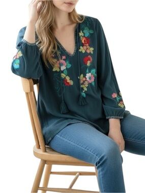 Johnny Was Silk V-Neck Longsleeve Bohemian Blouse X-Small *FLAWED*